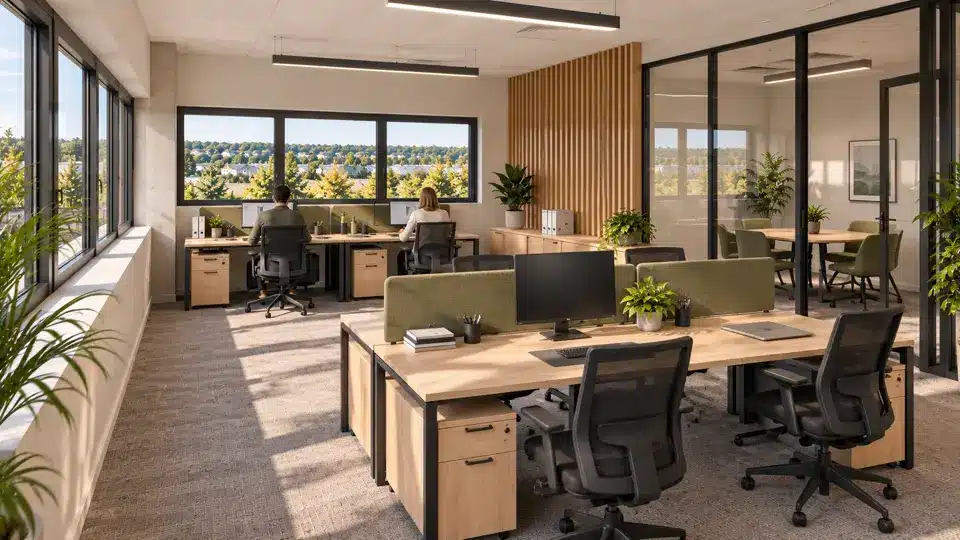 Plateau de bureaux à l'étage, larges fenêtres sur la nature