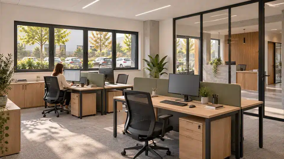 Bureaux en rez-de-chaussée donnant sur le hall