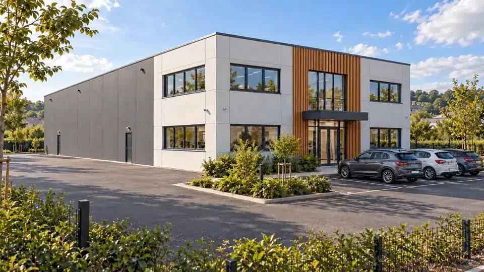 Vue d'angle : bureaux R+1 et long pan de l'atelier