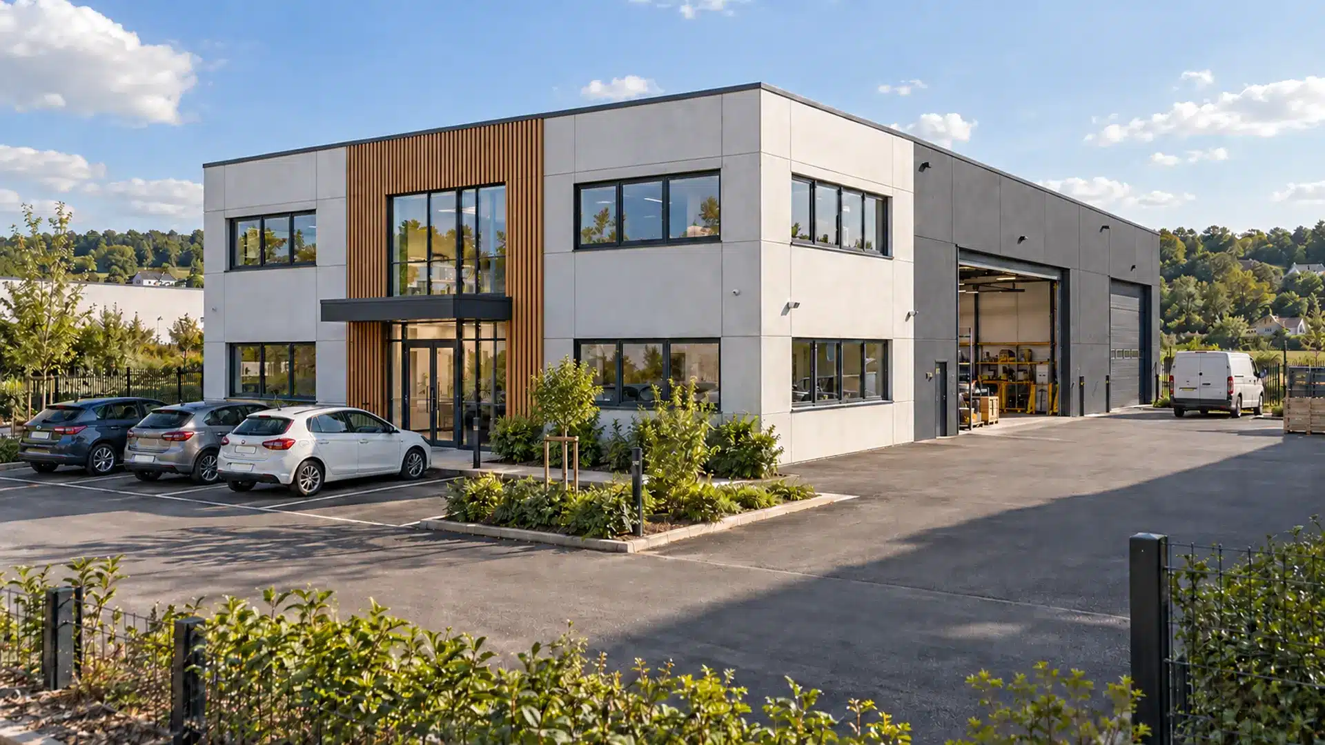 Bâtiment d'activité livré : bureaux sur deux niveaux avec bardage bois, atelier en panneaux béton gris et parking paysager