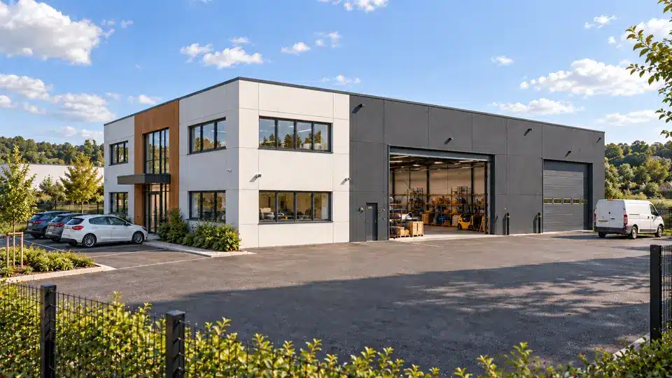 Façade de l'atelier avec portes sectionnelles et véhicule de livraison