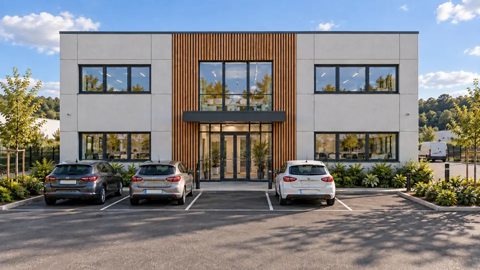 Façade principale des bureaux, entrée centrale vitrée encadrée de bardage bois