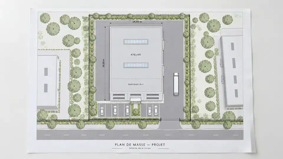 Plan de masse du projet : atelier, bureaux R+1, parking
